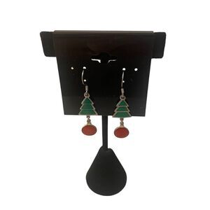 Vintage Glittery Green Tree Earrings w/Red Ball Accents.